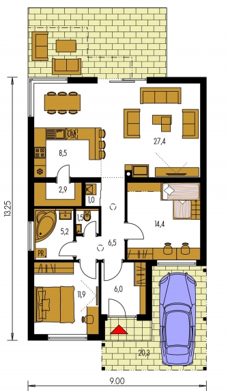 Spiegelverkehrter Entwurf | Grundriss des Erdgeschosses - BUNGALOW 199